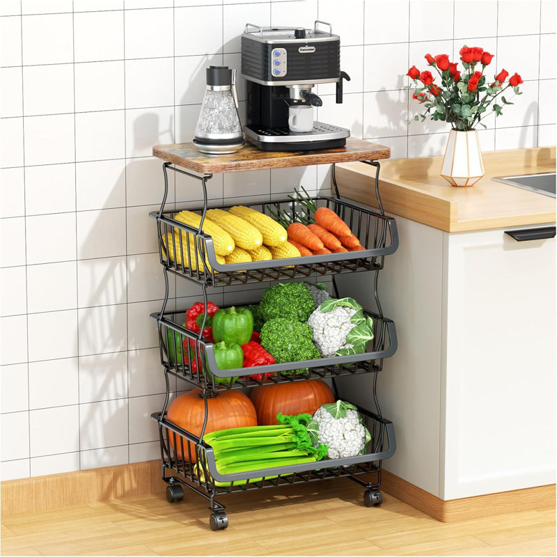 17 Stories Fruit Vegetable Basket For Kitchen 4 Tier Stackable Fruit Vegetable Storage Baskets With Wheels Metal Wire Storage Basket Organizer Cart For Kitchen Pantry Bathroom Wayfair